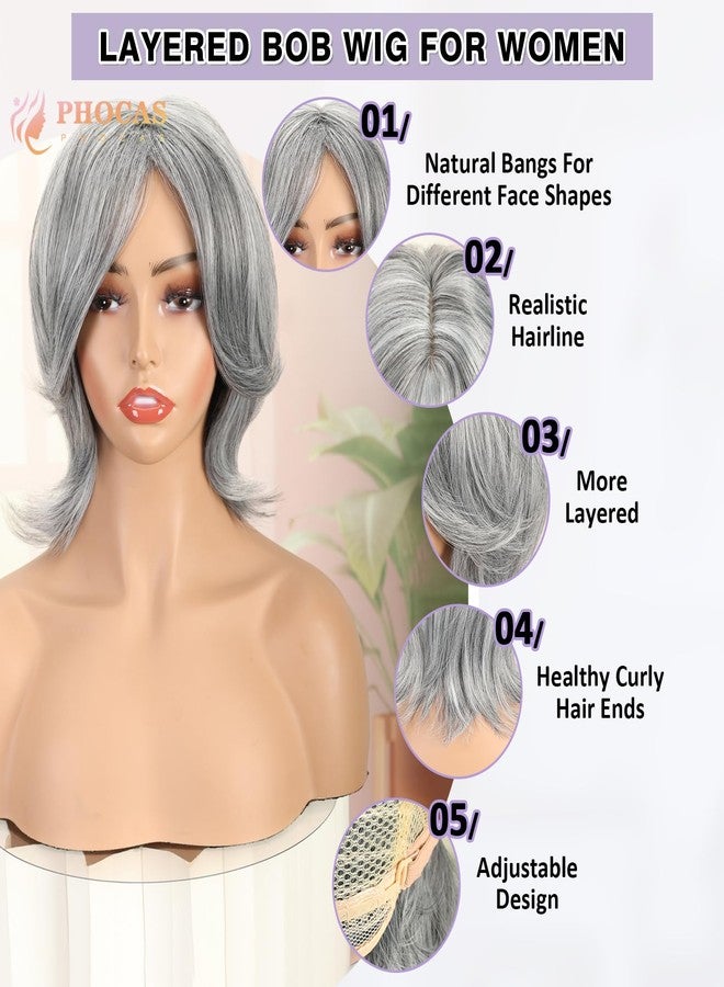 PHOCAS Grey Short Bob Wig Synthetic Layered Silver Gray Wigs with Wavy End Realistic Salt and Pepper Wigs for Women Natural Middle Part Wolf Cut Wig for Daily Use - 10" shoulder length - Image 5